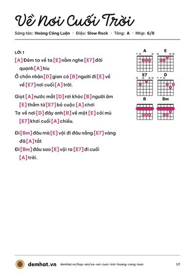 Hợp âm Về Nơi Cuối Trời (Thái Hòa) – bản nhạc PDF trang 1, tông A