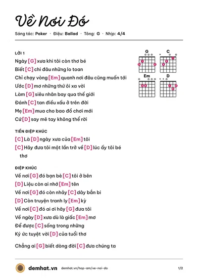 Hợp âm Về Nơi Đó (Poker) – bản nhạc PDF trang 1, tông G