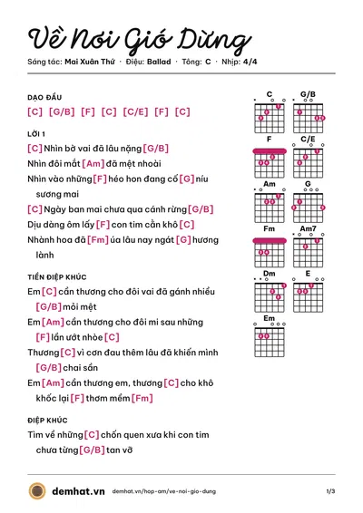 Hợp âm Về Nơi Gió Dừng (Đỗ Lê Hồng Nhung) – bản nhạc PDF trang 1, tông C