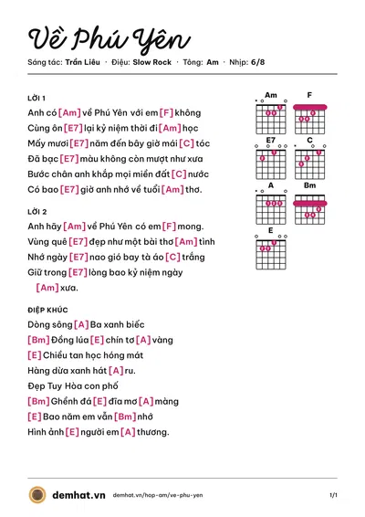 Hợp âm Về Phú Yên (Nguyễn Lương Ký) – bản nhạc PDF trang 1, tông Am
