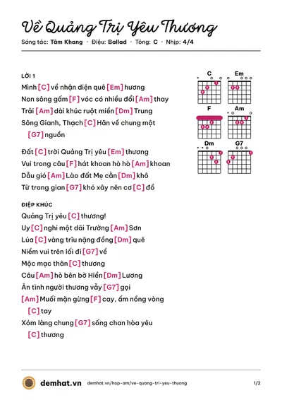 Hợp âm Về Quảng Trị Yêu Thương (Hồ Phương Liên) – bản nhạc PDF trang 1, tông C