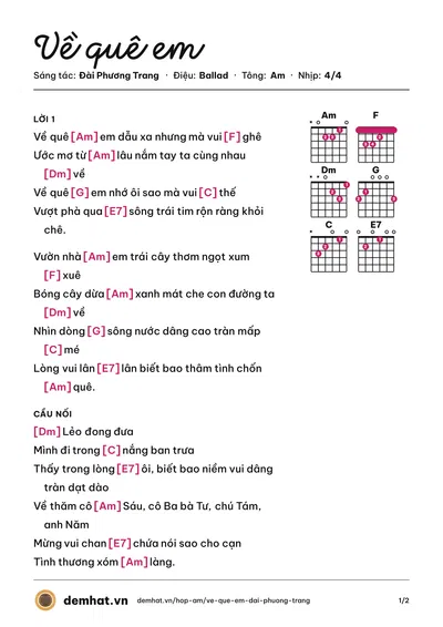 Hợp âm Về quê em (Lê Như) – bản nhạc PDF trang 1, tông Am