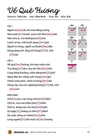 Hợp âm Về Quê Hương (guitar) – bản nhạc PDF trang 1, tông Am