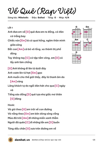 Hợp âm Về Quê (Rap Việt) (Mikelodic) – bản nhạc PDF trang 1, tông G