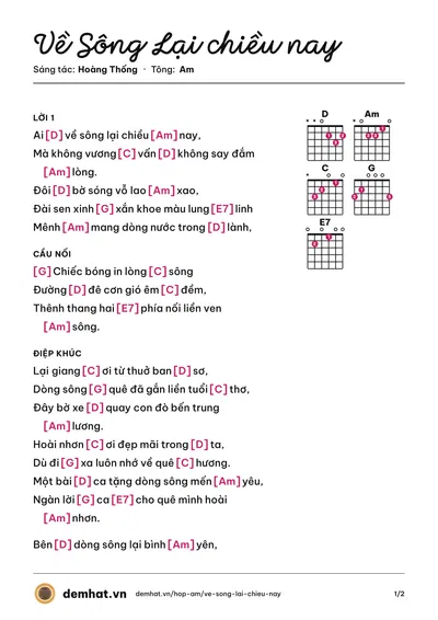 Hợp âm Về Sông Lại chiều nay (Hoàng Thống) – bản nhạc PDF trang 1, tông Am