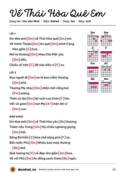 Hợp âm Về Thái Hòa Quê Em (Thùy Liên) – bản nhạc PDF trang 1, tông Dm