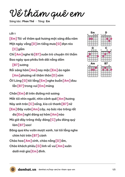 Hợp âm Về thăm quê em (Thanh Tuyền (trước 75)) – bản nhạc PDF trang 1, tông Em