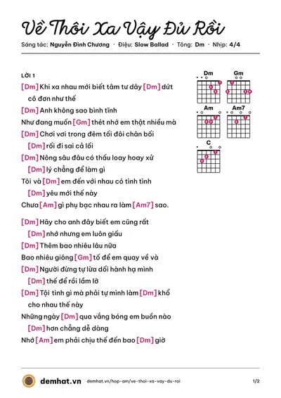 Hợp âm Về Thôi Xa Vậy Đủ Rồi (Nguyễn Đình Chương) – bản nhạc PDF trang 1, tông Dm