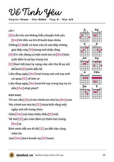 Hợp âm Về Tình Yêu (Hivane) – bản nhạc PDF trang 1, tông G