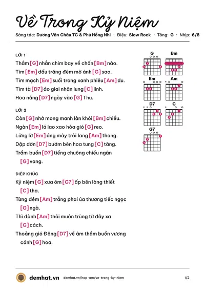Hợp âm Về Trong Kỷ Niệm (Kana Ngọc Thúy) – bản nhạc PDF trang 1, tông G