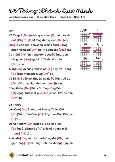 Hợp âm Về Trùng Khánh Quê Mình (Hoàng Đức) – bản nhạc PDF trang 1, tông Dm