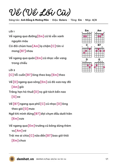 Hợp âm Về (Về Lối Cũ) (Đan Nguyên) – bản nhạc PDF trang 1, tông Em