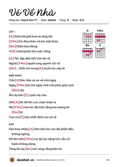 Hợp âm Vé Về Nhà (Huỳnh Sơn YT) – bản nhạc PDF trang 1, tông A