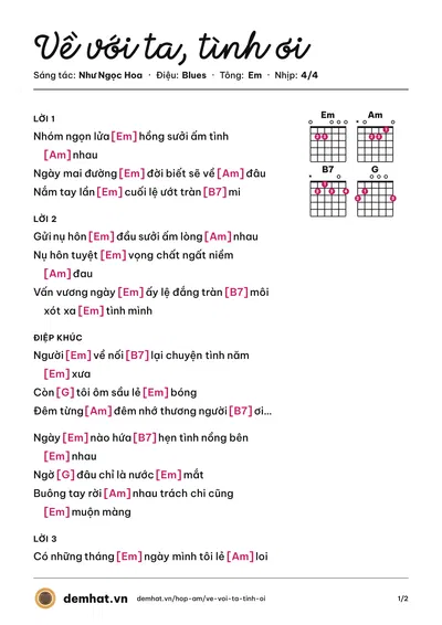Hợp âm Về với ta, tình ơi (Khánh Vy) – bản nhạc PDF trang 1, tông Em