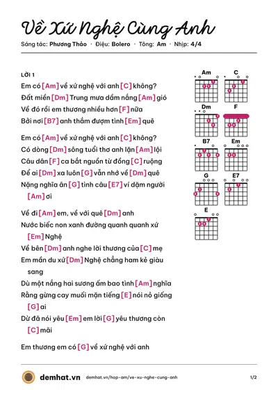 Hợp âm Về Xứ Nghệ Cùng Anh (Tố Nga) – bản nhạc PDF trang 1, tông Am