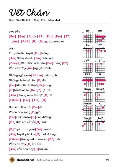 Hợp âm Vết Chân (Trần Thu Hà) – bản nhạc PDF trang 1, tông Em