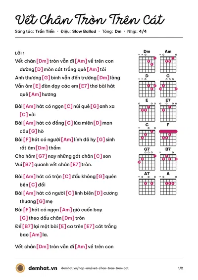 Hợp âm Vết Chân Tròn Trên Cát (Thái Bảo) – bản nhạc PDF trang 1, tông Dm