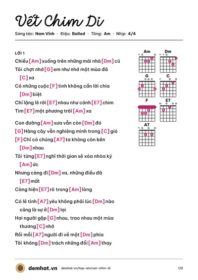 Hợp âm Vết Chim Di (Nam Vĩnh) – bản nhạc PDF trang 1, tông Am