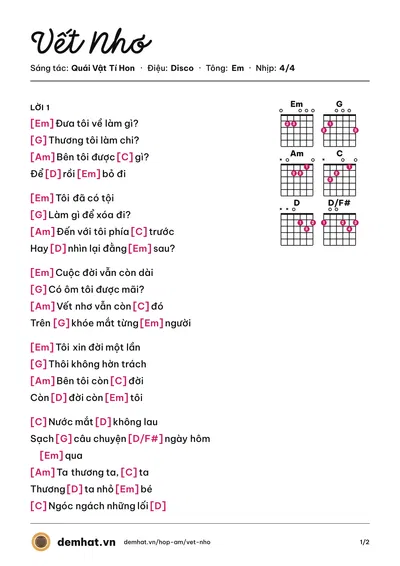 Hợp âm Vết Nhơ (Quái Vật Tí Hon) – bản nhạc PDF trang 1, tông Em