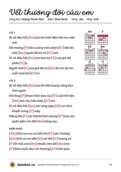 Hợp âm Vết thương đời của em (Kiều Nga) – bản nhạc PDF trang 1, tông Am