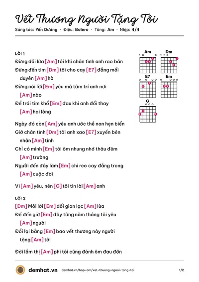 Hợp âm Vết Thương Người Tặng Tôi (Yến Dương) – bản nhạc PDF trang 1, tông Am