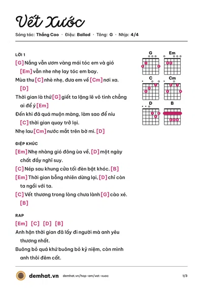 Hợp âm Vết Xước (Thắng Cao) – bản nhạc PDF trang 1, tông G