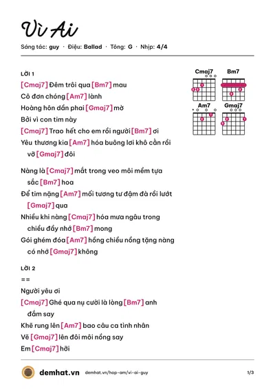 Hợp âm Vì Ai (guy) – bản nhạc PDF trang 1, tông G