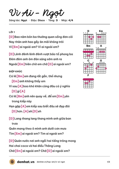 Hợp âm Vì Ai - Ngọt (Ban nhạc Ngọt) – bản nhạc PDF trang 1, tông D