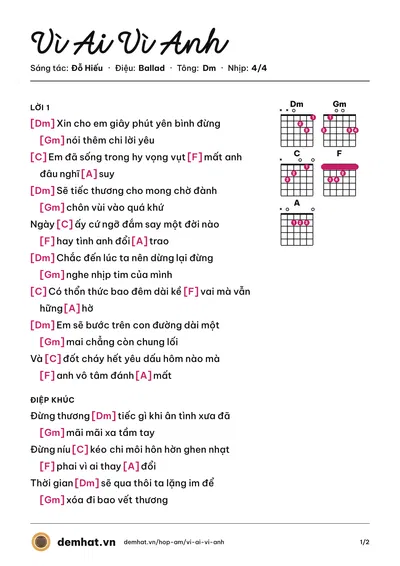 Hợp âm Vì Ai Vì Anh (Đông Nhi) – bản nhạc PDF trang 1, tông Dm