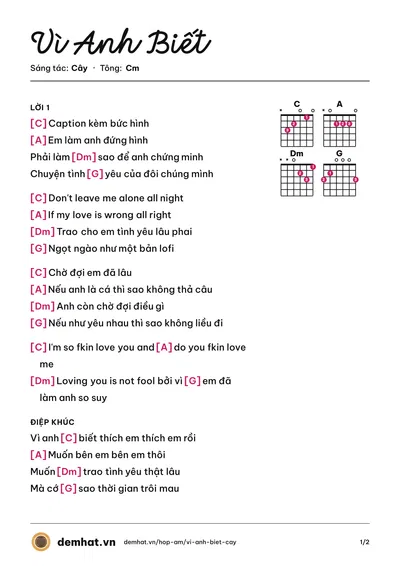 Hợp âm Vì Anh Biết (Cây) – bản nhạc PDF trang 1, tông Cm