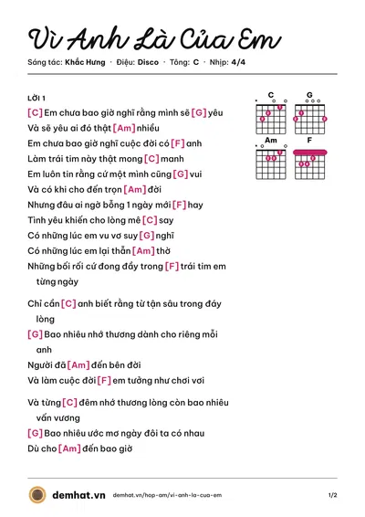 Hợp âm Vì Anh Là Của Em (Hòa Minzy) – bản nhạc PDF trang 1, tông C