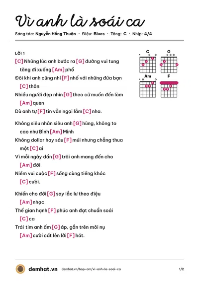 Hợp âm Vì anh là soái ca (Đàm Vĩnh Hưng) – bản nhạc PDF trang 1, tông C