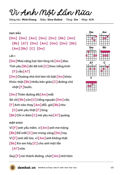 Hợp âm Vì Anh Một Lần Nữa (Quang Dũng) – bản nhạc PDF trang 1, tông Dm