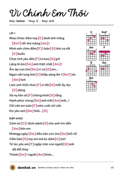 Hợp âm Vì Chính Em Thôi (Nhật Trung) – bản nhạc PDF trang 1, tông C