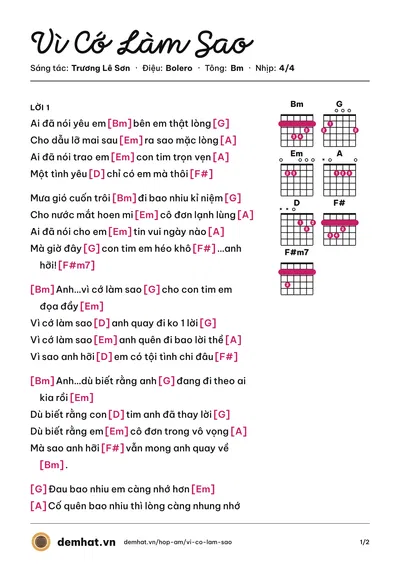 Hợp âm Vì Cớ Làm Sao (Hoàng Lê Vi) – bản nhạc PDF trang 1, tông Bm