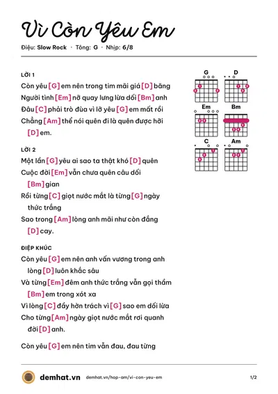 Hợp âm Vì Còn Yêu Em (Thiên Đăng) – bản nhạc PDF trang 1, tông G