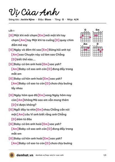 Hợp âm Vị Của Anh (Jackie Njine) – bản nhạc PDF trang 1, tông G