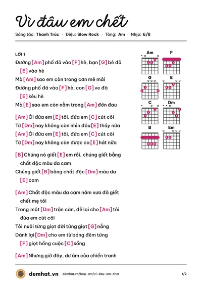 Hợp âm Vì đâu em chết (Trọng Tấn) – bản nhạc PDF trang 1, tông Am