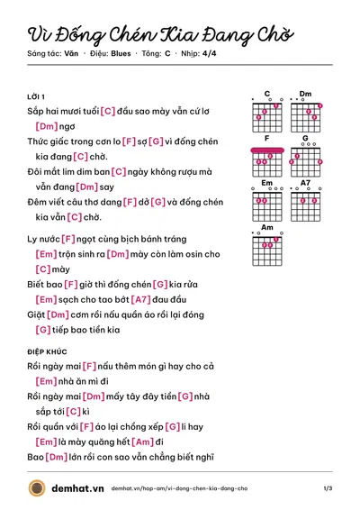 Hợp âm Vì Đống Chén Kia Đang Chờ (Văn) – bản nhạc PDF trang 1, tông C