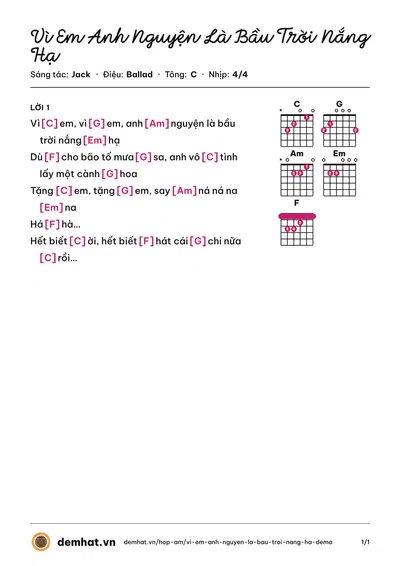 Hợp âm Vì Em Anh Nguyện Là Bầu Trời Nắng Hạ (Jack) – bản nhạc PDF trang 1, tông C