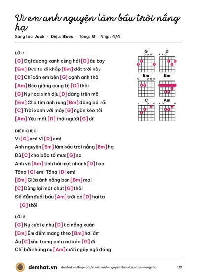 Hợp âm Vì em anh nguyện làm bầu trời nắng hạ (Thái Quỳnh) – bản nhạc PDF trang 1, tông G