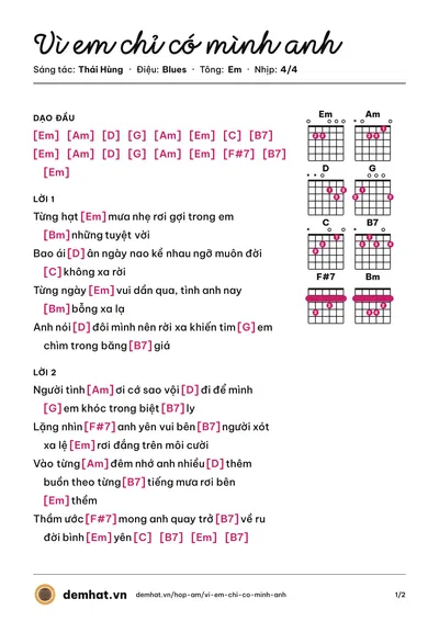Hợp âm Vì em chỉ có mình anh (Hiền Thục) – bản nhạc PDF trang 1, tông Em