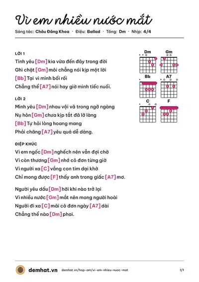 Hợp âm Vì em nhiều nước mắt (Châu Đăng Khoa) – bản nhạc PDF trang 1, tông Dm