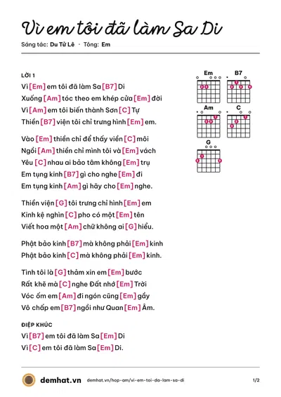 Hợp âm Vì em tôi đã làm Sa Di (Hùng M Nguyễn) – bản nhạc PDF trang 1, tông Em