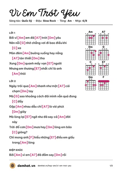 Hợp âm Vì Em Trót Yêu (Quốc Sỹ) – bản nhạc PDF trang 1, tông Am
