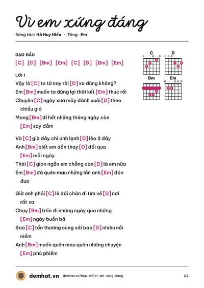 Hợp âm Vì em xứng đáng (Hà Huy Hiếu) – bản nhạc PDF trang 1, tông Em