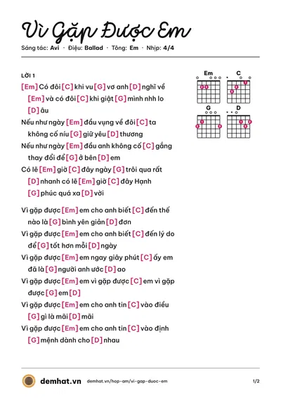 Hợp âm Vì Gặp Được Em (Đăng Khôi) – bản nhạc PDF trang 1, tông Em
