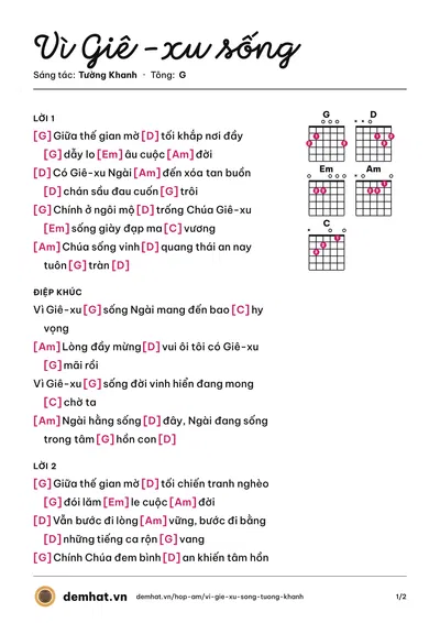 Hợp âm Vì Giê -xu sống (Thục Quyên - Anh Thư) – bản nhạc PDF trang 1, tông G