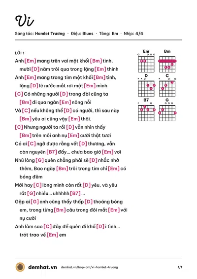 Hợp âm Vi (Hamlet Trương) – bản nhạc PDF trang 1, tông Em