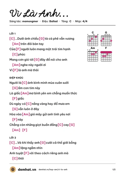 Hợp âm Vì Là Anh... (mamongmer) – bản nhạc PDF trang 1, tông C